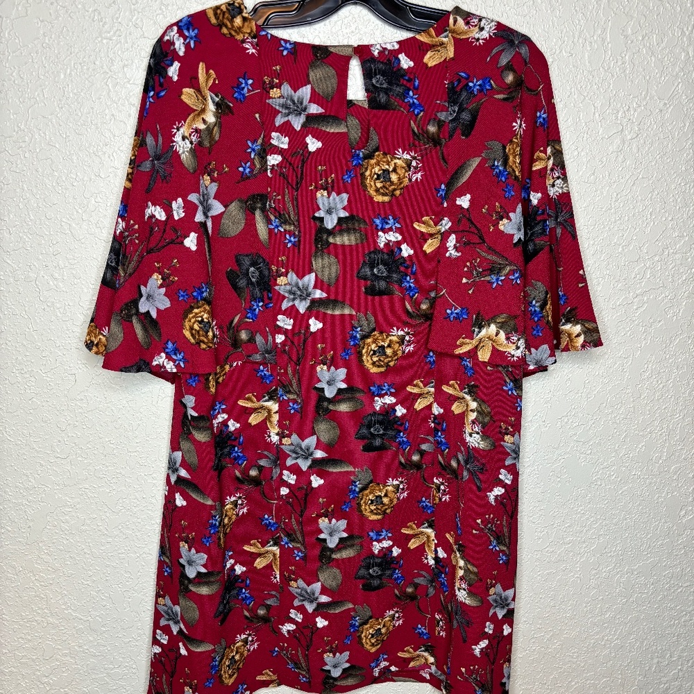 Umgee Red Floral Office Casual Flirty Flutter Sleeves Dress Women's Size…